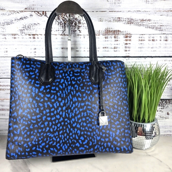 MICHAEL KORS STUDIO BLUE BLACK HAND BAG MERCER LEOPARD LEATHER TOTE PURSE XBODY - Picture 1 of 17